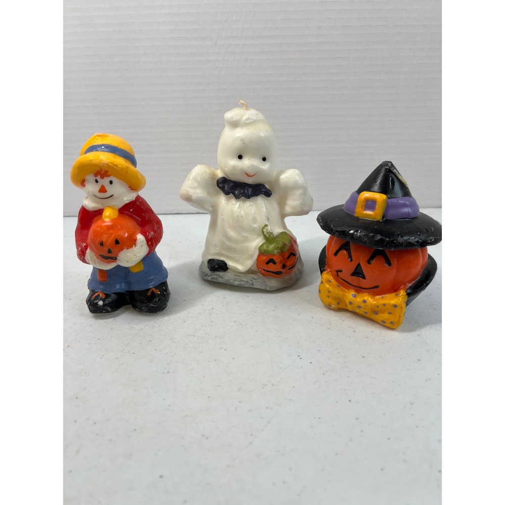 Vintage Halloween Candle Set Ghost Scarecrow Pumpkin Witch Hat Retro Decor 3pc